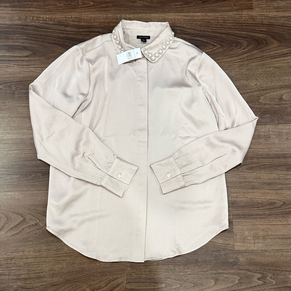 Ann Taylor Pearl-Embellished Beige Blouse